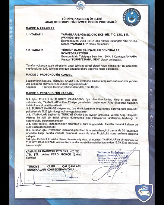 A building facade with a blue and white sign reading "Yamanlar" in large letters. A red circular badge displays "25%" prominently. Text on the sign includes "Yamanlar Oto Expertiz" and "Bağımsız Oto Expertiz Hizmet" in white. An image of a white car is visible on the sign. A logo with a crescent and star, labeled "Türkiye Kamu-Sen 1992," is at the bottom. Additional text mentions "Tüm Türkiye\'de %25 İndirim" and "Üyelerimize Özel."