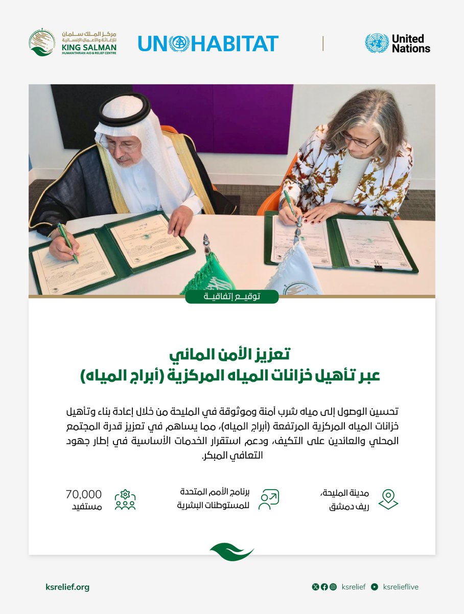 #مركز_الملك_سلمان_للإغاثة يوقع برنامجًا تنفيذيًا مشتركًا مع برنامج الأمم المتحدة للمستوطنات البشرية لتعزيز الأمن المائي في سوريا والسودان

#المملكة_في_الأمم_المتحدة