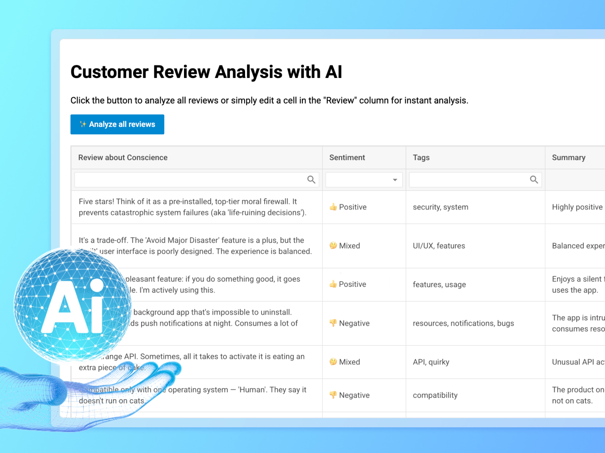 dhtmlx's tweet image. Turn raw customer reviews into insights. 💡 Check out our step-by-step guide to building an AI-powered Grid with DHTMLX and OpenAI.
🔗 dhtmlx.com/blog/dhtmlx-gr…
#dhtmlx #AI #datagrid #WebDevelopment #demo