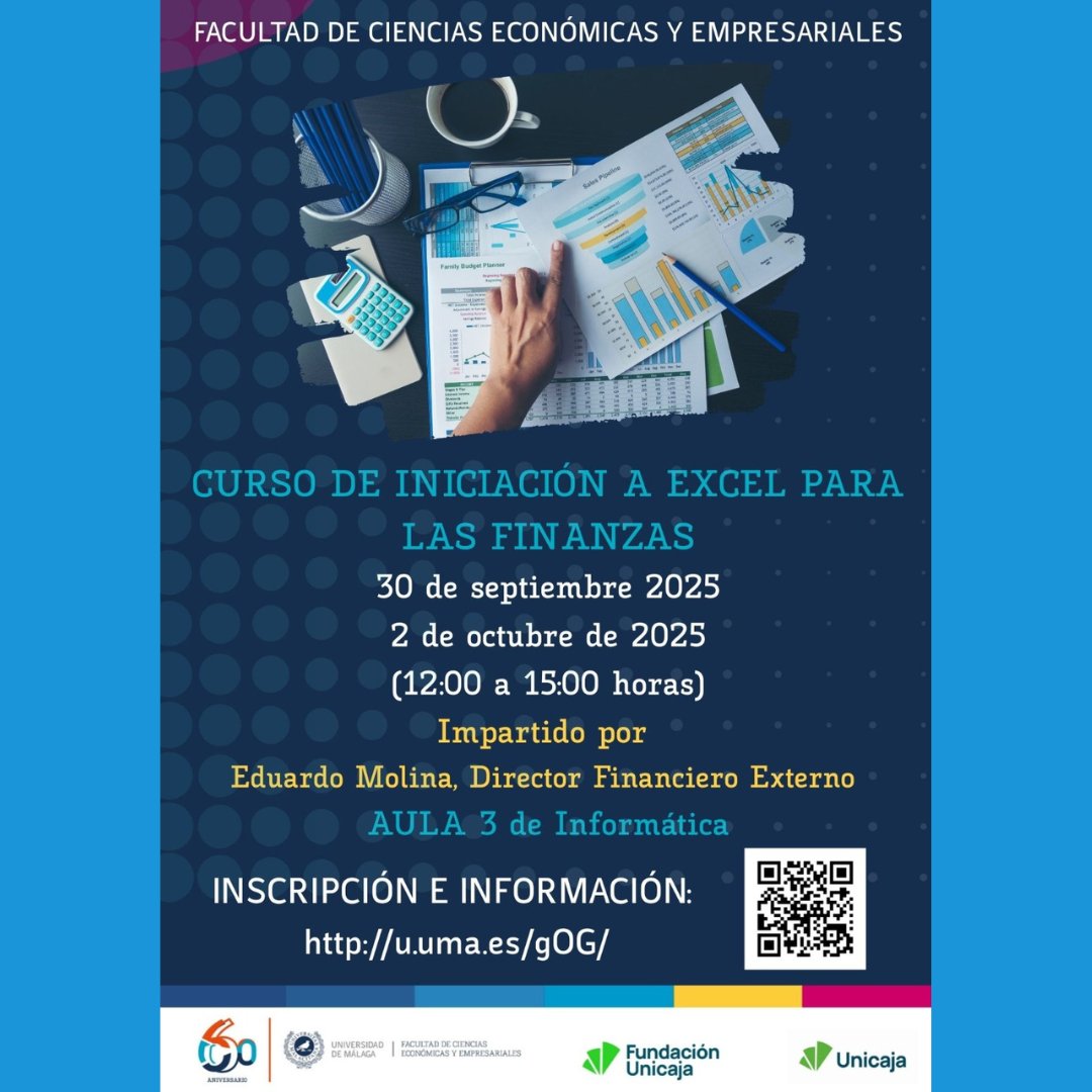 economicasUMA's tweet image. CURSO DE INICIACIÓN A EXCEL PARA FINANZAS.
Dos fechas: 30 de septiembre y 2 de octubre de 2025
Horario: de 12 a 15 h
Lugar: aula 3 de Informática
Inscripción e información: u.uma.es/gOG o en el código qr.
@SICAU_UMA #finanzas #cursoexcel #excel