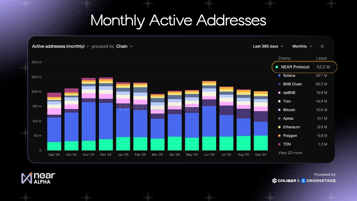 $NEAR dẫn đầu với hơn 52 triệu địa chỉ hoạt động hàng tháng, vượt qua cả Solana và BNB Chain.

<a href="/NEARProtocol/">NEAR Protocol</a> là blockchain giữ vị thế top 1 về người dùng trên toàn thị trường.

Nguồn: <a href="/tokenterminal/">Token Terminal 📊</a>