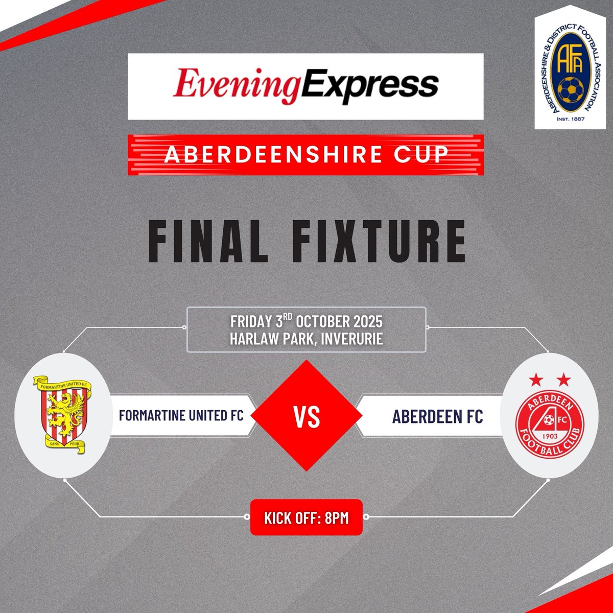 ADFA (@adfa1887) on Twitter photo 🏆 <a href="/EveningExpress/">Evening Express</a> Aberdeenshire Cup Final •
The countdown to the Final is on and we hope to see you there!
🆚 <a href="/FormartineUtd/">Formartine United Football Club</a> - <a href="/AberdeenFC/">Aberdeen FC</a>
📆 Friday 3rd October 2025
⏰ Kick Off: 8pm
🏟️ Harlaw Park, <a href="/InverurieLocos/">Inverurie Loco Works FC</a> 🏆 <a href="/EveningExpress/">Evening Express</a> Aberdeenshire Cup Final •
The countdown to the Final is on and we hope to see you there!
🆚 <a href="/FormartineUtd/">Formartine United Football Club</a> - <a href="/AberdeenFC/">Aberdeen FC</a>
📆 Friday 3rd October 2025
⏰ Kick Off: 8pm
🏟️ Harlaw Park, <a href="/InverurieLocos/">Inverurie Loco Works FC</a>