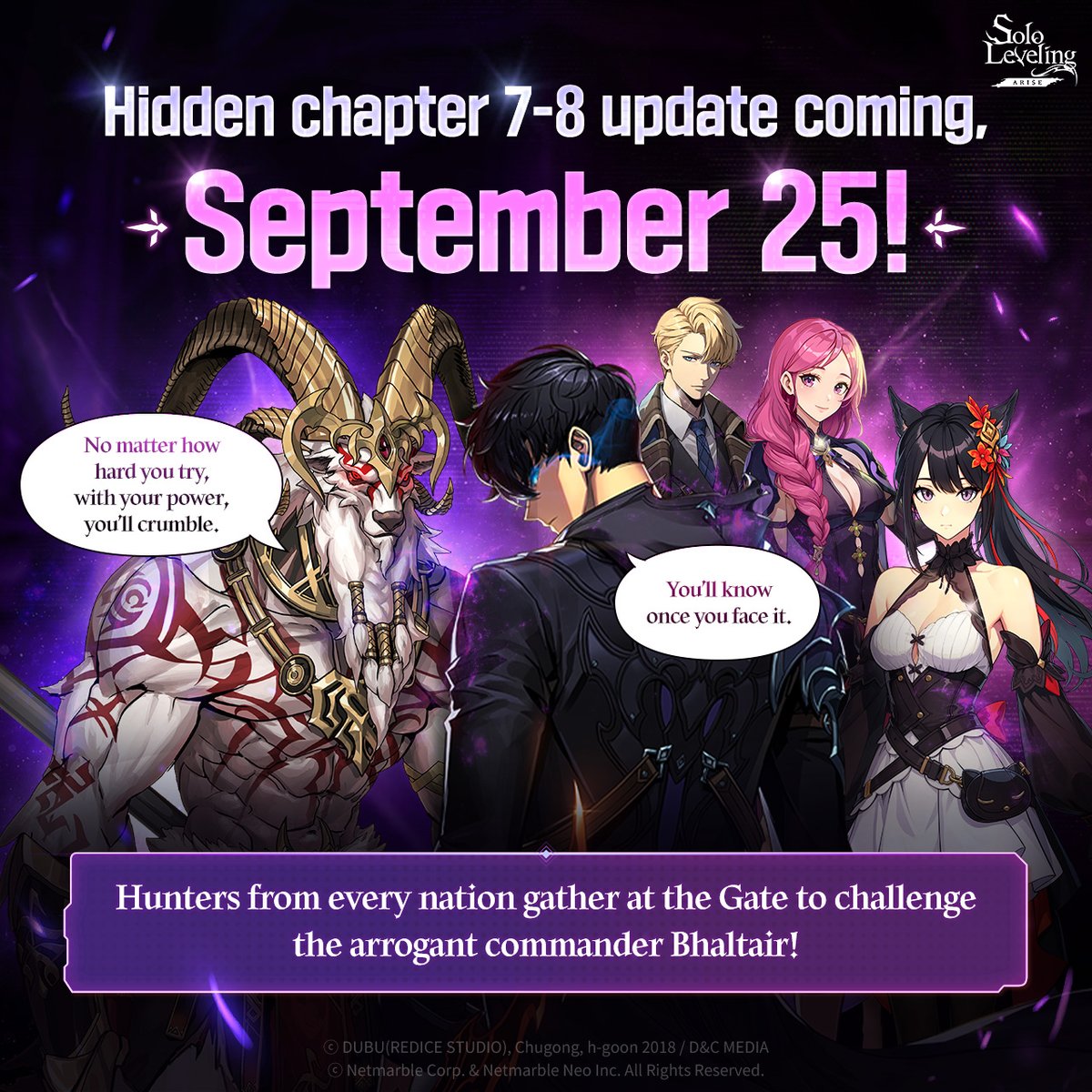 📅Hidden Story Update D-1!
Hunters around the world gather around and face the commander of steel, Bhaltair.⚔️

9/25 (Thu) hidden story update.
Are you ready to join Sung Jinwoo?🔥

#sololevelingARISE #sololeveling
#slaARISE
