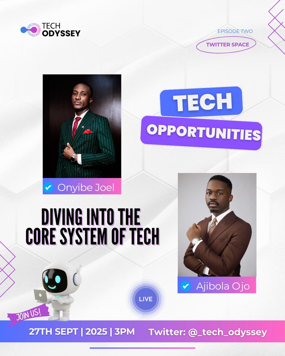 Tech isn’t the future, it’s the NOW!
Join us for Ep. 2 
Topic: Tech Opportunities
🎙 <a href="/JustJoelBanks/">JBanks</a>  | <a href="/jibolaojo/">jibola</a> 
📅 Sept 27th | 3PM
📍 (Twitter Space)

#TechOdyssey #TechOpportunities #FutureOfTech #TechCommunity #NaijaTech #Twiterspace #DigitalInnovation #TechLeaders