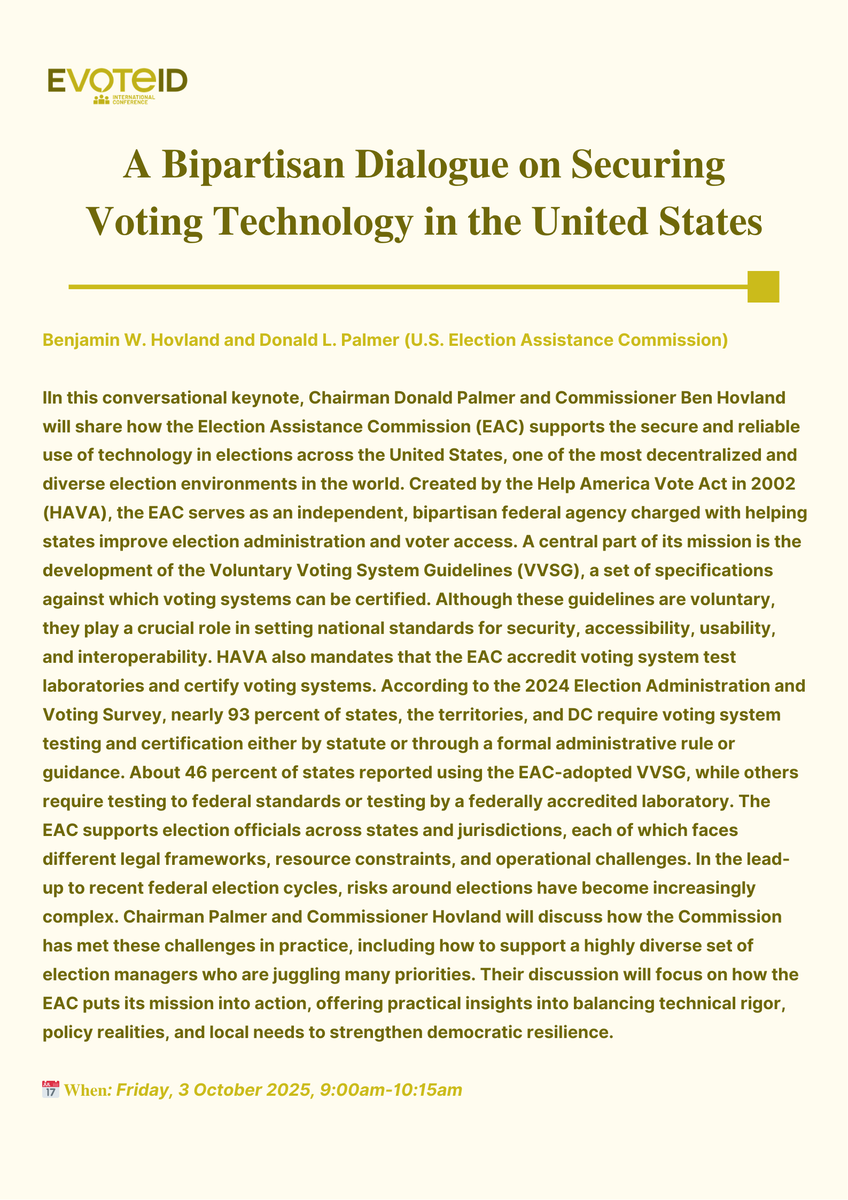 EVoteID's tweet photo. ⏳ Just 1 week to go until #EvoteID25 begins in Nancy!
We’re delighted to share the titles and abstracts of this year’s keynotes - get a glimpse of what’s ahead!
🔗 https://t.co/9nv2EYMuRZ

#EVoting #DigitalDemocracy #CyberSecurity https://t.co/15GWyRKxXb