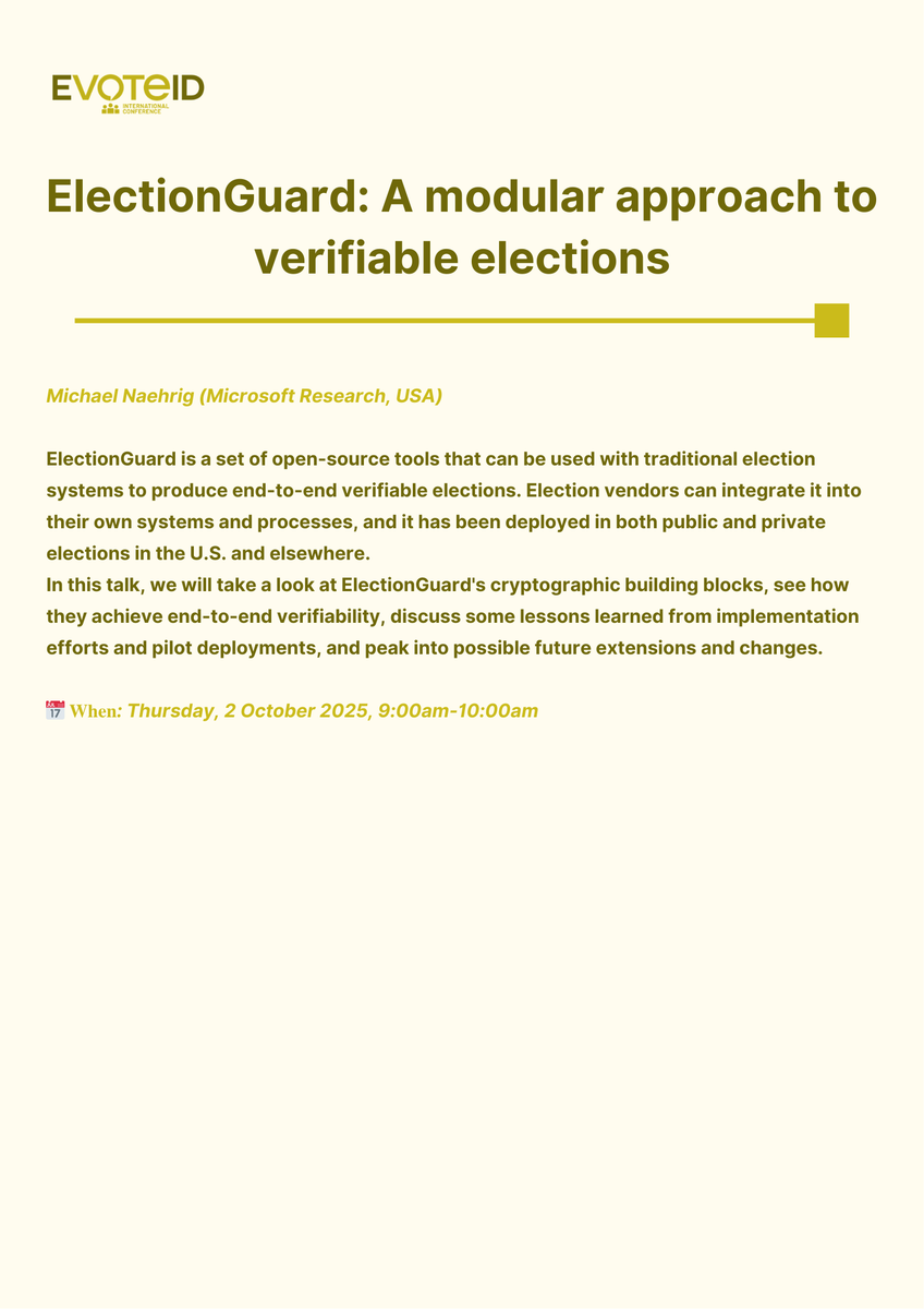 EVoteID's tweet photo. ⏳ Just 1 week to go until #EvoteID25 begins in Nancy!
We’re delighted to share the titles and abstracts of this year’s keynotes - get a glimpse of what’s ahead!
🔗 https://t.co/9nv2EYMuRZ

#EVoting #DigitalDemocracy #CyberSecurity https://t.co/15GWyRKxXb