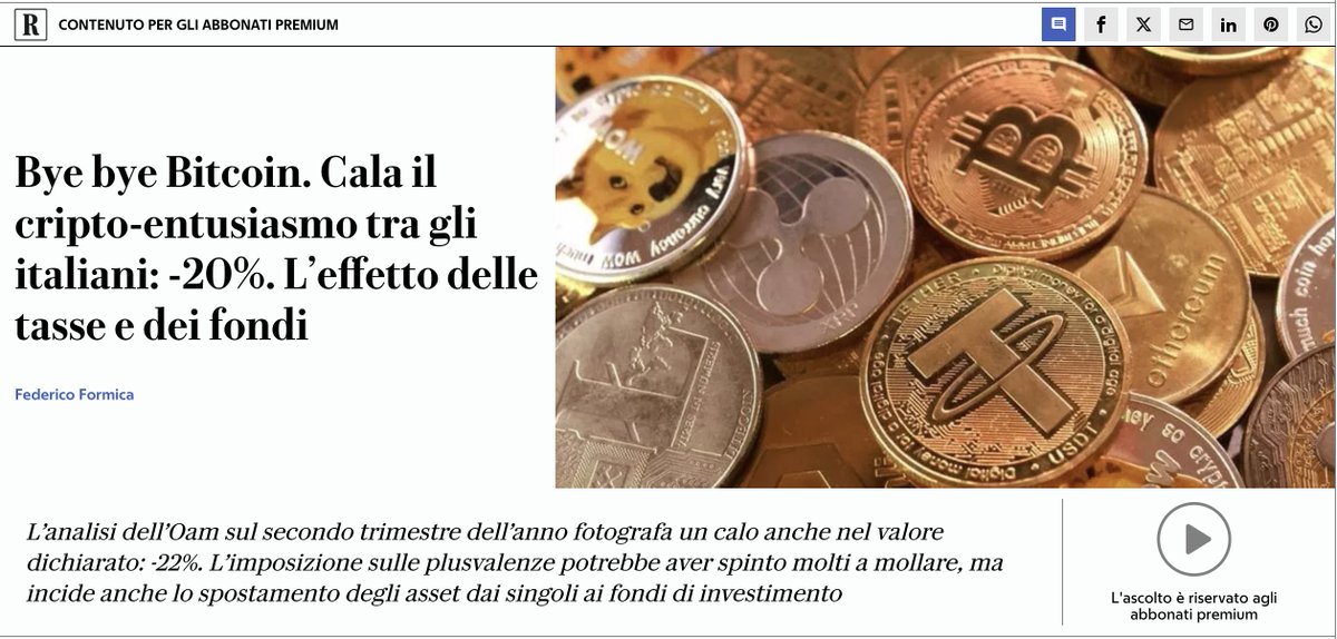 "BYE BYE BITCOIN" recita questo articolo de La Repubblica.

Gli ultimi dati OAM mostrano un calo del 20% nelle crypto detenute e nel numero di investitori italiani.

SAPETE QUAL È LA VERITÁ?

Che visto il possibile aumento al 33% e la MiCA che rompe le palle ovunque, la gente si