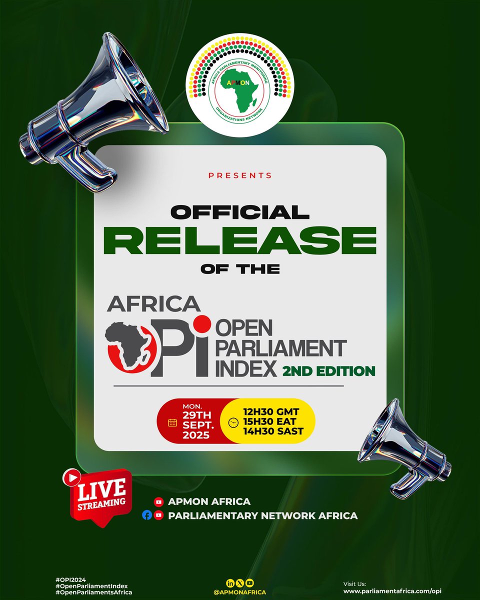 APMONAfrica's tweet photo. 📢 Join us on 29 Sept 2025 for the launch of the 2nd Africa Open Parliament Index (OPI) 🏛️✨ Assessing 33 parliaments on transparency, participation & accountability.
⏰ 12:30 GMT | 15:30 EAT | 14:30 SAST
📍 Zoom
#AfricaOPI #OpenParliament #APMON #Transparency https://t.co/AtT9BF4P4H