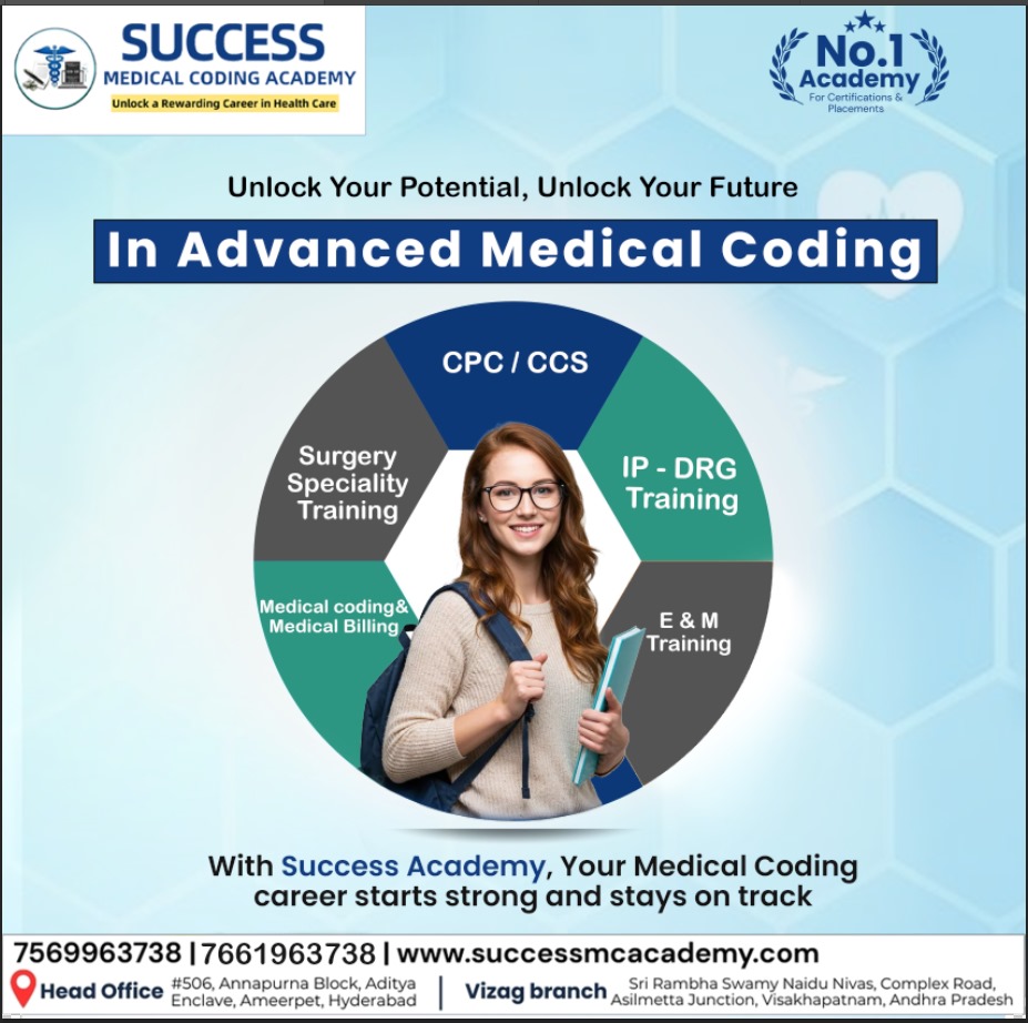 SuccessCoding's tweet image. Unlock your Potential and Set your Bright Future in Advanced Medical Coding
At Our Success Medical Coding Academy, We Offer Comprehensive Training in
👉 Medical Coding & Medical Billing
👉IP - DRG
👉E & M Training
👉Surgery Specialty
👉 CPC | CCS
#CPC #IPDRG #ameerpet #HYD