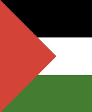 Claudia Sheinbaum waving with her right hand raised, wearing a white outfit with a green, white, and red sash featuring the Mexican flag and eagle emblem. A bracelet with colorful floral designs is on her wrist. Another person in a red shirt is partially visible, smiling beside her, with a brick wall and greenery in the background. A second image shows the Palestinian flag with red, black, white, and green horizontal stripes.