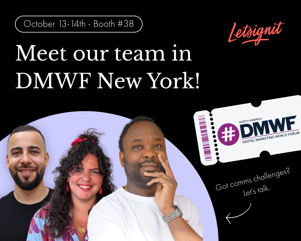 🚀 Letsignit will be at #DMWF North America!

🎤 Oct 14 | 10:45AM → our CMO Amandine Fernandez joins the panel Shaping a Future-Proof Brand.

💌 Meet us at booth #38 with Amandine, Abraham &amp; ADJE to explore the power of email signatures.

👉 bit.ly/3KBGIAU
