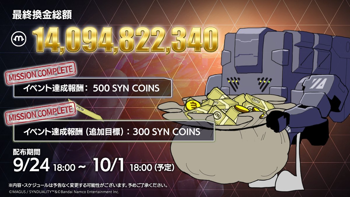 ▽祝！チャレンジイベント達成！▽ 「全ドリフター参加型 AO結晶換金額チャレンジ」の達成記念として以下のアイテムを配布させていただきます！  最終スコア(総AO結晶換金額)は、14,094,822,340マネーとなりました！ 【配布内容】 500 SYN COINS 300 SYN  COINS 【配布期間 ...