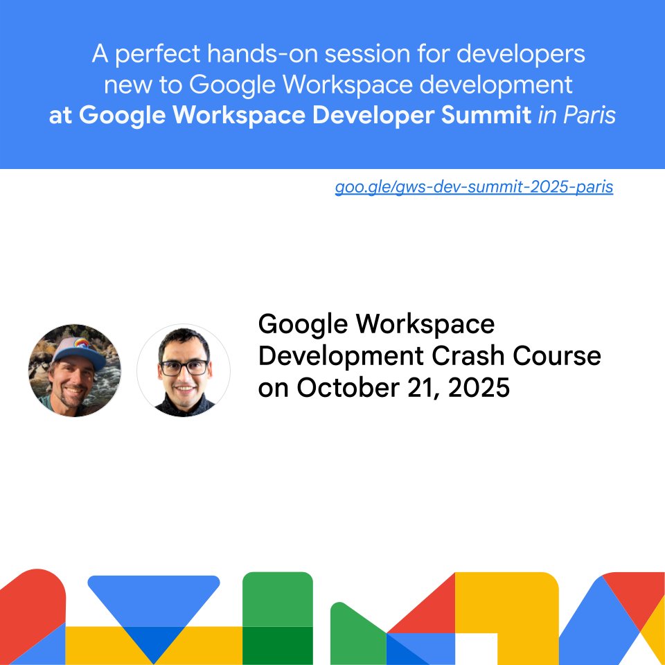 workspacedevs's tweet image. Join us for a #GoogleWorkspace development crash course! 
Perfect for devs new to the platform. Get hands-on experience and build your skills. 🛠️ 

Don&apos;t miss out on this chance to level up! 🚀

Sign up now: goo.gle/gws-dev-summit…