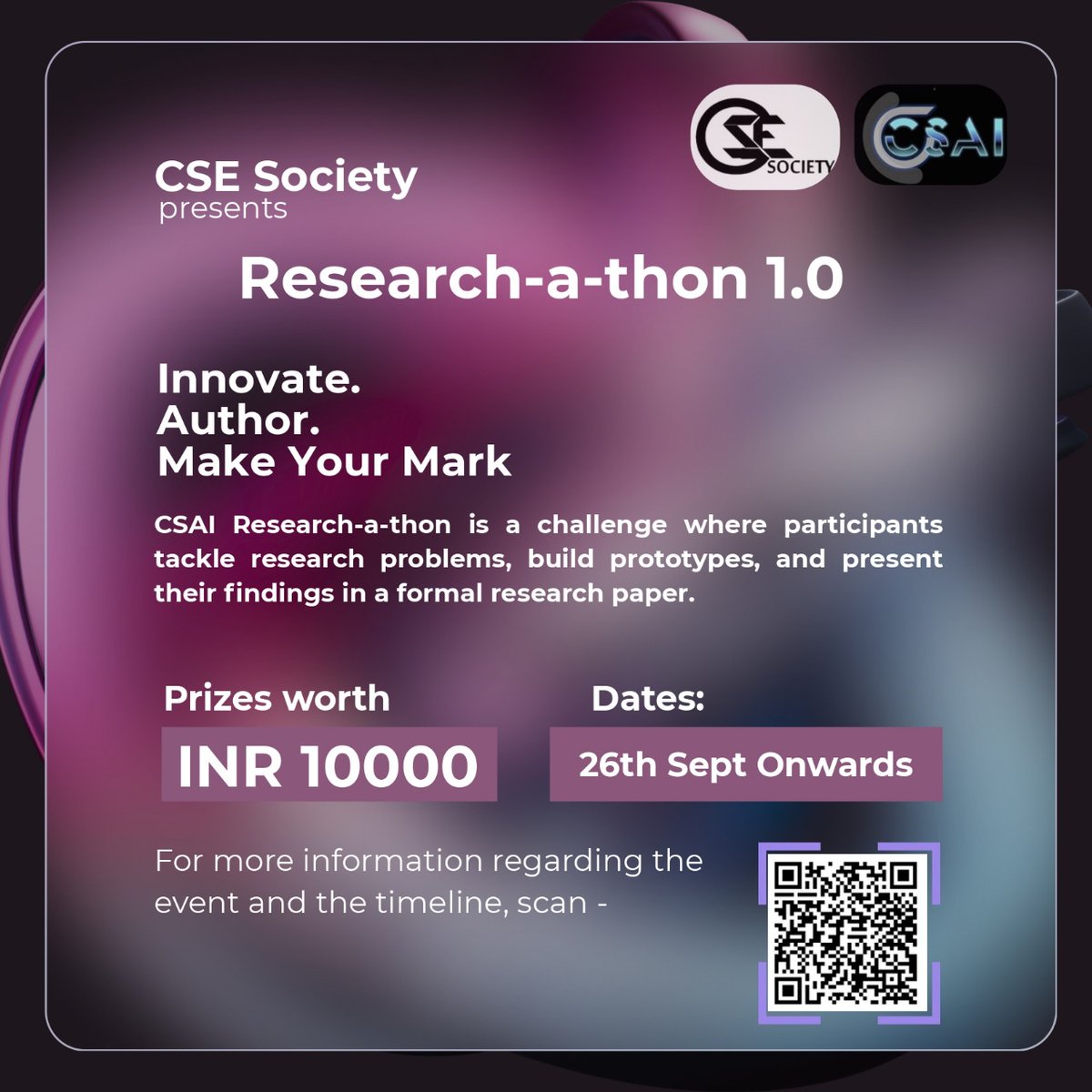 cse_iitism's tweet image. 🚀 CSAI Research-a-thon 1.0 is here!
15 days of pure innovation 💡
🔹 Kick-off: 26 Sept 2025 (Hybrid)
🔹 Build Phase: 28 Sept – 13 Oct
🎯 Why join?
✅ Hands-on research experience
✅ Pathway to join CSAI 🤝
✅ Certificates + prizes worth ₹10K
#CSAI #CSES #Researchathon #IITISM