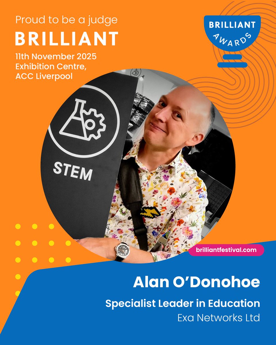 brilliantfest's tweet image. The BRILLIANT Awards judges include educators, academics, and experts from technology and industry…
💡@teknoteacher @exanetworks
🎓 @SalfordUni
⚙️@DrChips_
🧪@STEMLearning_AS
Enter by 30th September⏳ brilliantfestival.com/awards