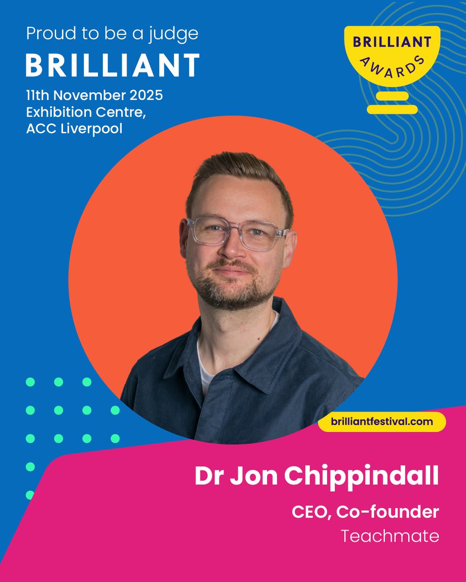 brilliantfest's tweet image. The BRILLIANT Awards judges include educators, academics, and experts from technology and industry…
💡@teknoteacher @exanetworks
🎓 @SalfordUni
⚙️@DrChips_
🧪@STEMLearning_AS
Enter by 30th September⏳ brilliantfestival.com/awards