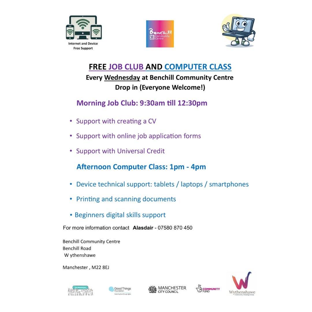 Southsidemag's tweet image. Level up your skills! Join our #FREE #ComputerClass &amp;amp; #JobClub every Wednesday 9:30am – 4pm at @benchillcomcent.  Learn new #skills, boost your confidence &amp;amp; #enhance your #learning @wythenshawe_chg @CD_WCHG @ManCityCouncil