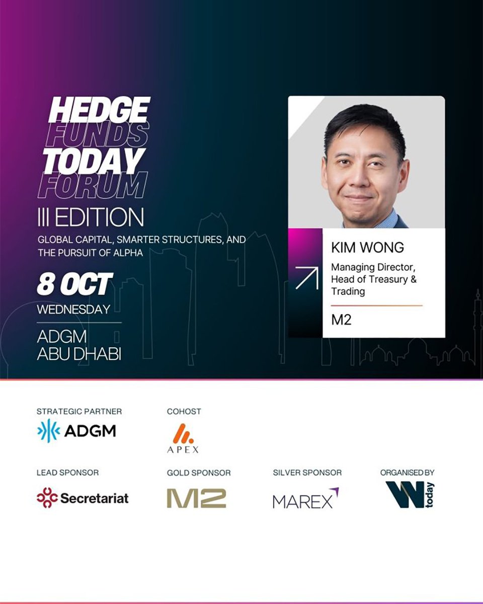 M2Exchange's tweet image. Kim Wong, MD &amp;amp; Head of Treasury &amp;amp; Trading at M2, speaking at the Hedge Funds Today Forum on 8 Oct, ADGM Abu Dhabi. 

As Gold Sponsor, M2 is driving dialogue on capital flows, smarter structures &amp;amp; the future of digital assets. #M2 #ADGM