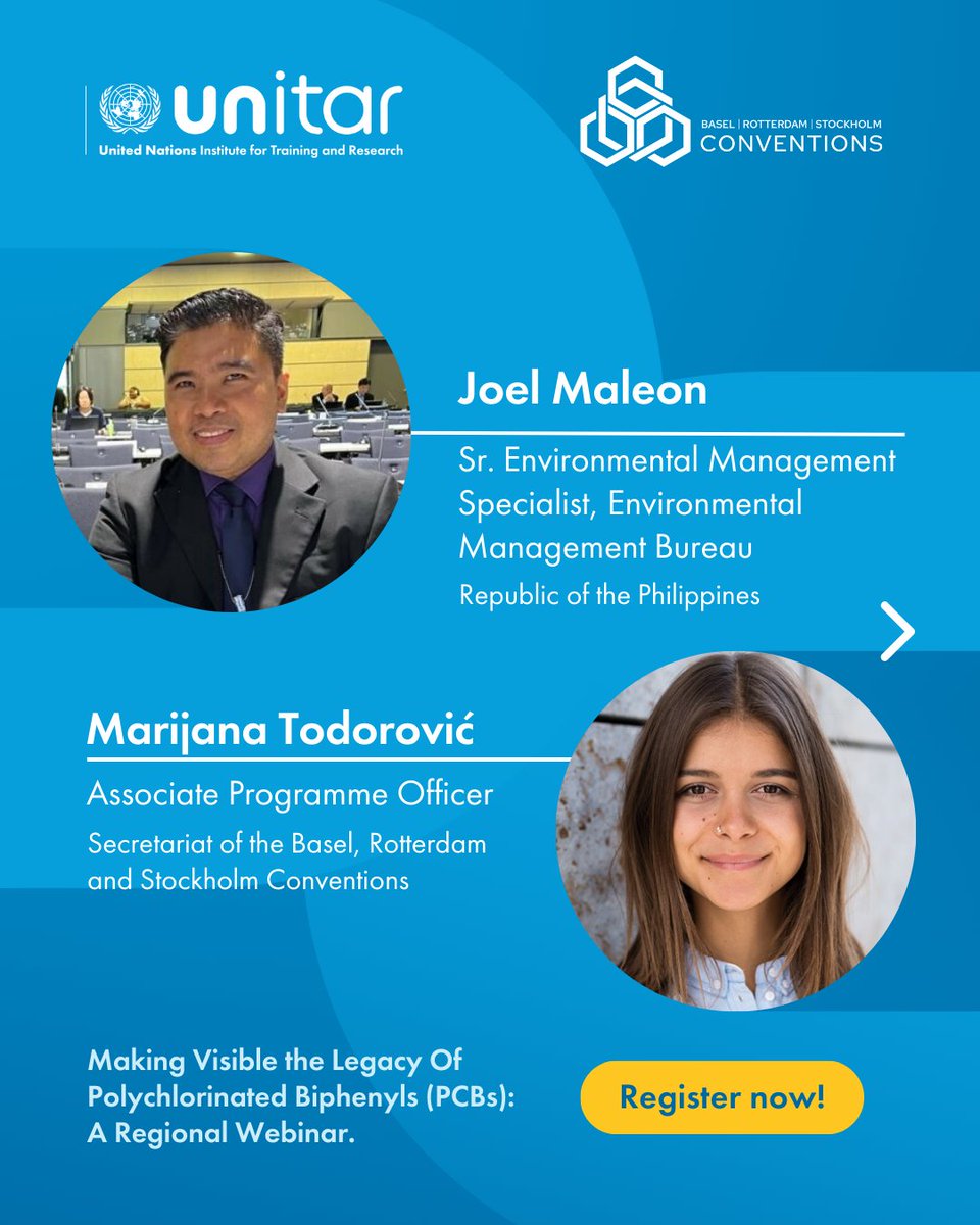 UNITAR's tweet image. Join our regional webinar for the Pacific and Australia: Making Visible the Legacy of PCBs.

🗓️ 25 September.

🕚 3 p.m. - 5 p.m. GMT+10 | 7 a.m. - 9 a.m CET.

📍 Online | English.

Register here ➡️ f.mtr.cool/quhqwycsjm

#PCBs #BRSConventions #UNITAR #BRSSecretariat