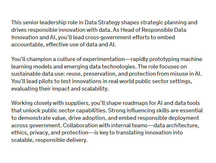 owenboswarva's tweet image. Job – Head of Responsible Data Innovation and AI at the Government Digital Service (DSIT) in Bristol, London, Manchester civilservicejobs.service.gov.uk/csr/jobs.cgi?j… (UK Government)

#govtech #datastrategy #responsibleAI #lookstocamera