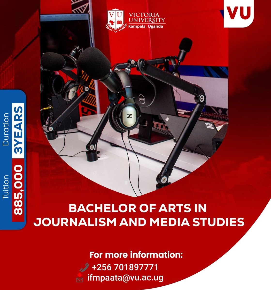 🎙️📺 Want to be the next big voice or face in media?

Join <a href="/VUKampala/">Victoria University, Kampala</a> for a BA in Journalism &amp; Media Studies – learn &amp; practice on our University Radio &amp; TV stations!
 November intake OPEN (closing soon!)
⏳ Duration: 3 Years
📞 +256 701 897771  ifmpaata@vu.ac.ug
 #Journalism