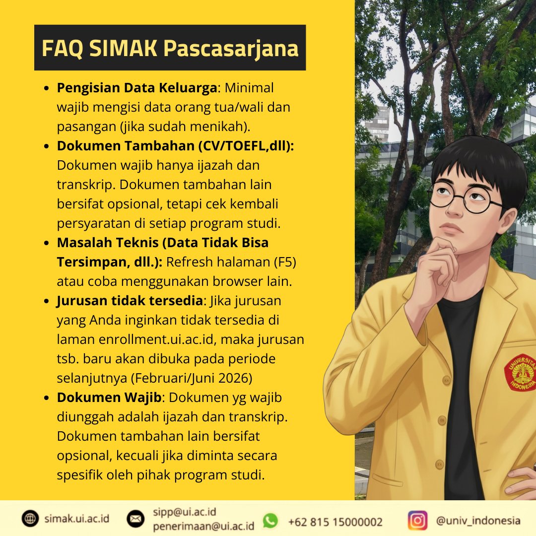 SIMAK_UI's tweet image. Hai, Calon Mahasiswa Pascasarjana UI! 👋

Lagi di tengah proses pendaftaran dan punya pertanyaan? Jangan khawatir! Kami sudah merangkum FAQ-nya dalam infografis berikut, SIMAK baik-baik ya!

Pastikan juga untuk mengecek informasi selengkapnya, di laman: tinyurl.com/daftarui🧑‍💻