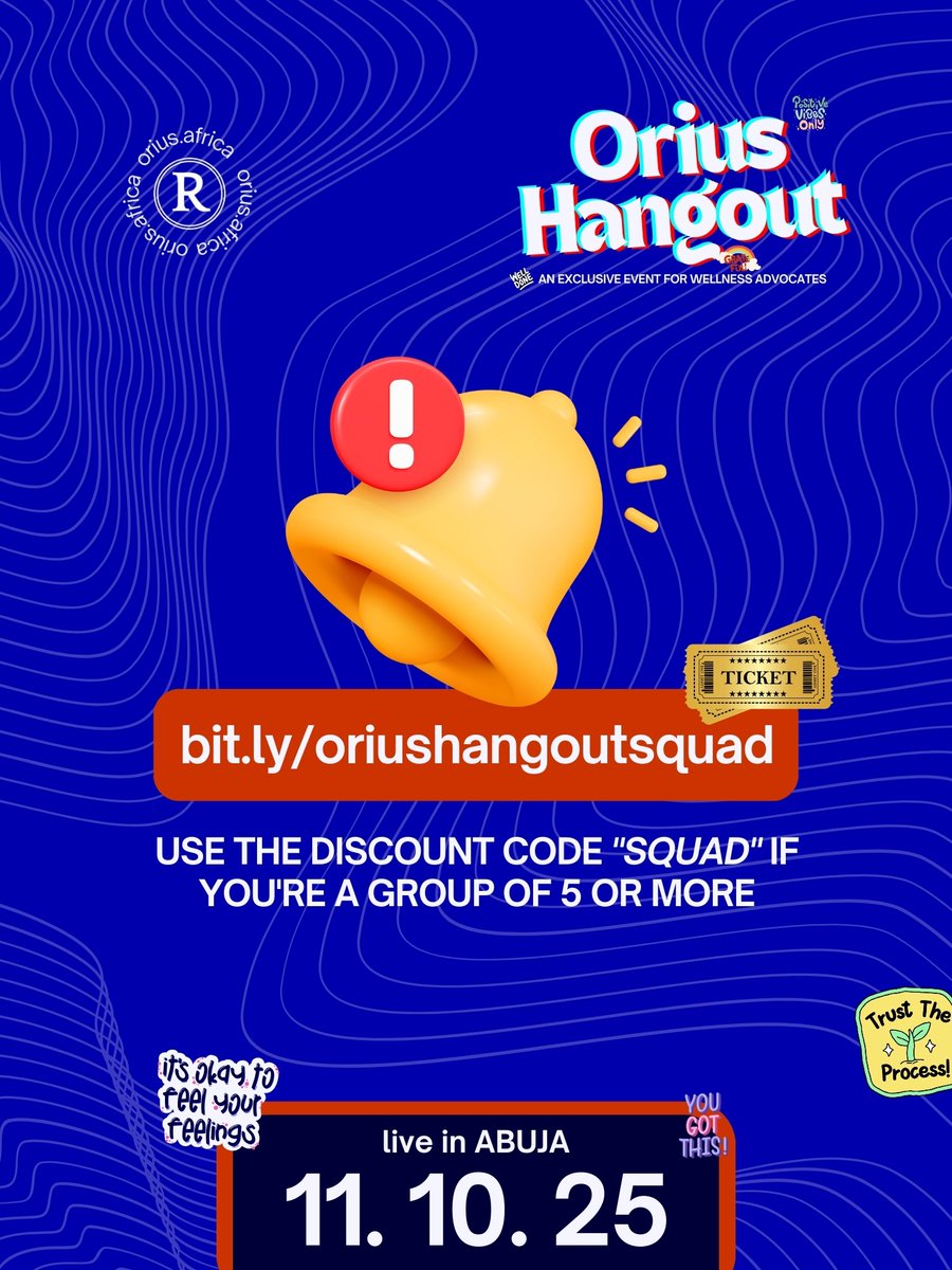 oriusmedical's tweet photo. Squad of 5? We've got you!

Get 20% OFF your ticket 🎟️ ( at https://t.co/L6KgIC6KZg) if you're coming as a group of 5 or more.

Use discount code (SQUAD) at checkout.

See you in October!🗓️

#eventsinabuja #eventinabuja #hangout
#OriusHangout #OriusMedical https://t.co/txxZ9zqMrp