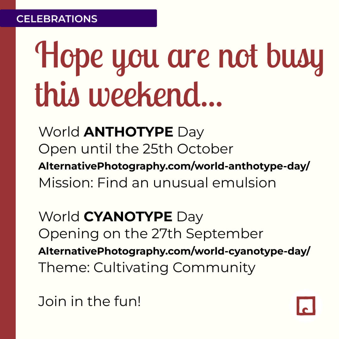 alternativephot's tweet image. We hope you are not busy this weekend...
ANTHOTYPE Day, until the 25th October:
👉 alternativephotography.com/world-anthotyp…

CYANOTYPE Day, opens 27th September:
👉 alternativephotography.com/world-cyanotyp…

#anthotypes #worldanthotypeday #cyanotypes #worldcyanotypeday