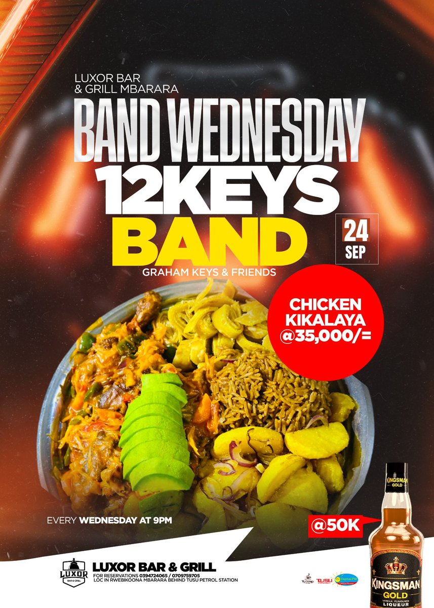 Have a beautiful Wednesday evening with our Chicken Kikalaya at 35000/= 

Live Band with <a href="/12keysband/">12Keys</a>