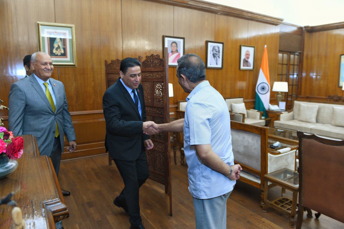 "Delighted to meet H.E. Mr. Omar Hejira, Secretary of State in charge of Foreign Trade of Kingdom of Morocco.
 
India and Morocco relations are warm and friendly. We discussed efforts to further strengthen this partnership. <a href="/Marocdiplo_EN/">Moroccan Diplomacy 🇲🇦</a> <a href="/EmbassyMorocco/">Morocco@India, Bhutan, Maldives, Nepal & Sri Lanka</a>"