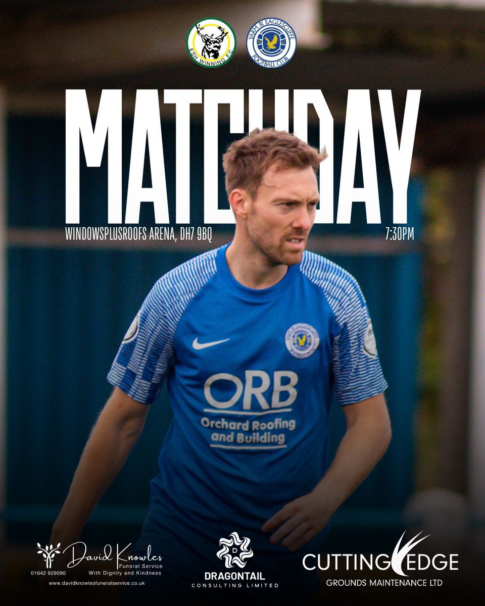 MATCHDAY. 

📍WindowsPlusRoofsArena
⌚️ 7:30pm KO
🆚 <a href="/EWFC1913/">Esh Winning FC</a> 

Thanks again to Dragontail Consulting for sponsoring our away games 🤝

Hope to see some travelling Yarm fans there!

#UTYAE