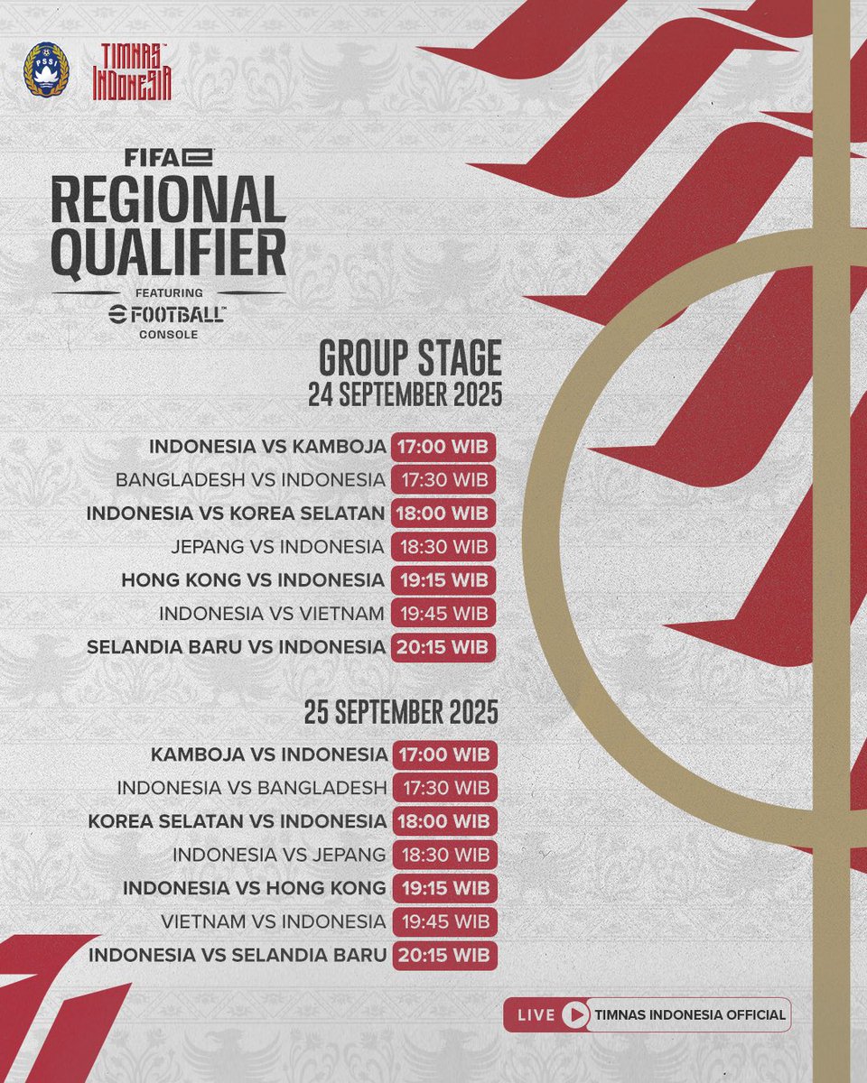 Langkah pertama 𝗧𝗶𝗺𝗻𝗮𝘀 𝗜𝗻𝗱𝗼𝗻𝗲𝘀𝗶𝗮 pertahankan gelar juara 𝗙𝗜𝗙𝗔𝗲 𝗪𝗼𝗿𝗹𝗱 𝗖𝘂𝗽 𝗳𝘁. 𝗲𝗙𝗼𝗼𝘁𝗯𝗮𝗹𝗹™️ 𝗖𝗼𝗻𝘀𝗼𝗹𝗲 🇮🇩🔜

⏰ Start 17:00 WIB
🆚 🇰🇷🇯🇵🇻🇳🇳🇿🇰🇭🇧🇩🇭🇰
📡 YouTube Timnas Indonesia Official
🔢 Asia East &amp; Oceania Regional Qualifiers - Group Stage
