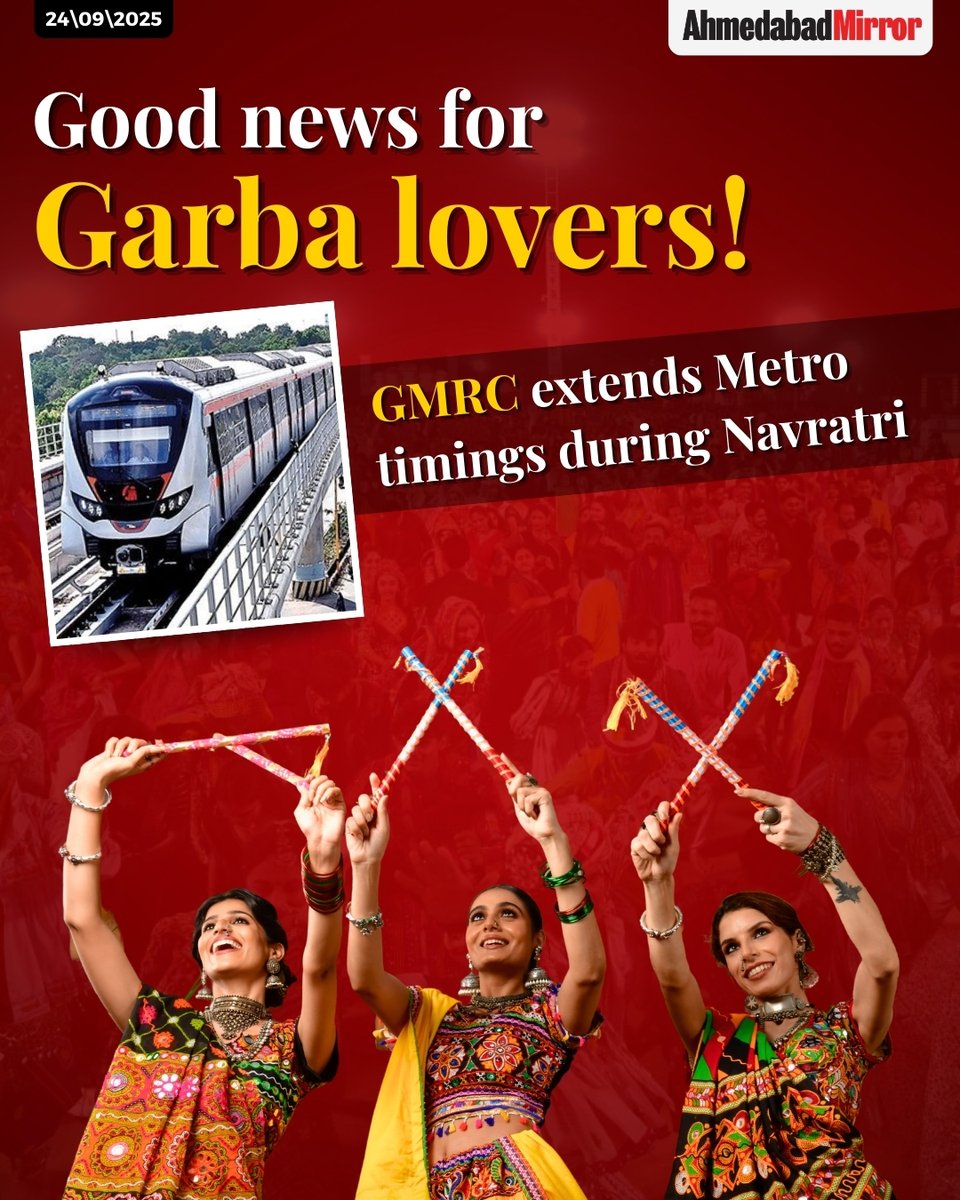 ahmedabadmirror's tweet image. GMRC extends Ahmedabad-Gandhinagar Metro timings during Navratri
#GMRC #ahmedabad #navratri #garba  #ahmedabadmirror