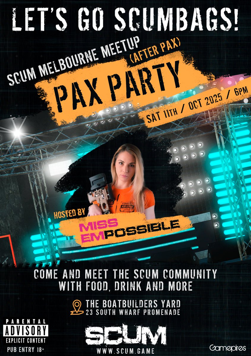 Miss_EMpossible's tweet photo. 🔥LETS GOOO!!🔥

CALLING ALL SCUMBAGS! 
If you're in Melbourne &amp; want to come meet the Aus @ScumGame  community &amp; have a BLAST! 

I'm hosting a meetup outside the venue for PAX AUS '25
You don't need PAX tickets to attend. Just need your best party shoes!
@Gamepires @LevaOpaki https://t.co/T5DanmzM9U