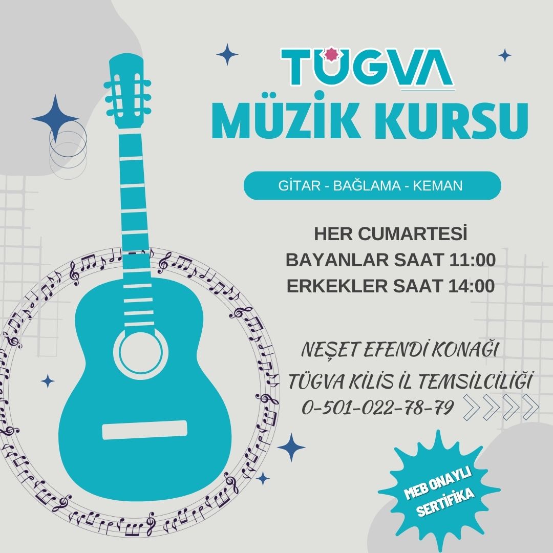 🎶 TÜGVA Müzik Kursu Başlıyor! 🎶

Sanatla dolu bir yolculuğa çıkmak ister misiniz?

📅 Her Cumartesi
👩‍🎤 Bayanlar: 11.00
👨‍🎤 Erkekler: 14.00

📍 Neşet Efendi Konağı – TÜGVA Kilis İl Temsilciliği
📞 0 (501) 022 78 79

✨ Sınırlı kontenjanla müzik dolu bir yolculuk seni bekliyor!