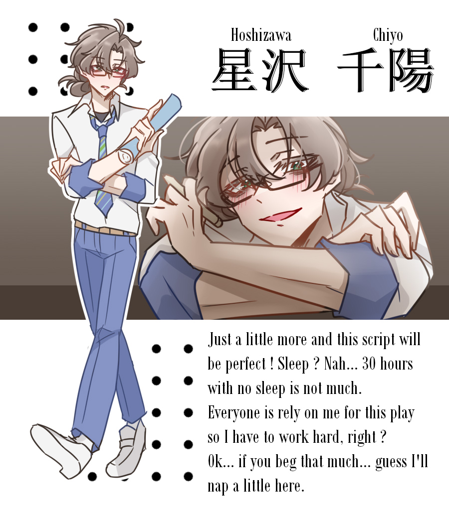 back with 'turn your friend into BL chara' challenge ! with my friend, Tohru's concept for me

Theatre club, grade 11 student. A hardwork script writer, who work too hard and lack of sleep. Also an aspiring idol manager.