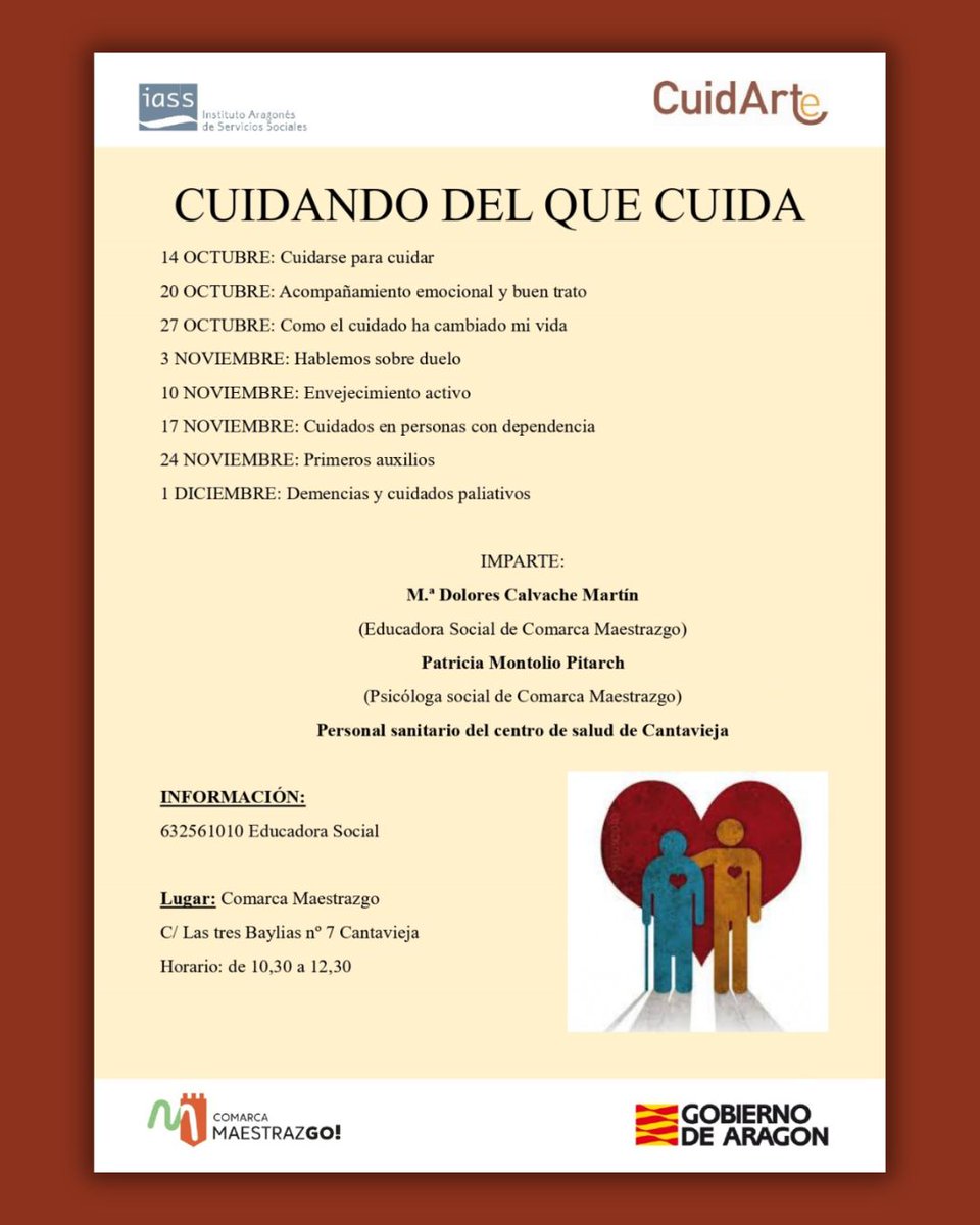 Com_Maestrazgo's tweet image. 👩‍⚕️👨‍👩‍👧 Cuidando del que cuida

La Comarca del Maestrazgo organiza un ciclo de apoyo y formación para personas cuidadoras.

📅 14 oct – 1 dic
📍 Cantavieja
🕥 10:30-12:30

👉 Actividad enmarcada en el programa Cuidarte  del Gobierno de Aragón