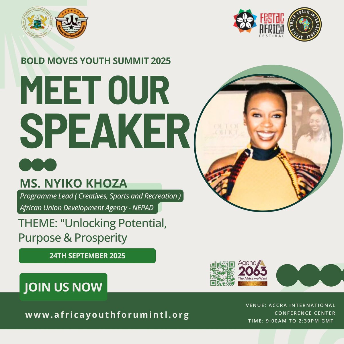 NEPAD_Agency's tweet photo. Today at the #BoldMovesYouthSummit2025 — part of the vibrant #FESTAC2025 celebrations in Accra — we are shining a spotlight on Africa’s next generation.

Through the Africa Creatives, Sports & Recreation Programme (#ACSAR), we’re unlocking youth potential, purpose, and prosperity.

🎤 Ms. Nyiko Khoza shared how #ACSAR is transforming raw talent into real opportunities — driving jobs, sparking innovation, and fueling empowerment at the heart of #Agenda2063.

Africa’s future is bold, creative, and unstoppable.

#ACSAR #FESTACAfrica #YouthEmpowerment #PanAfricanUnity