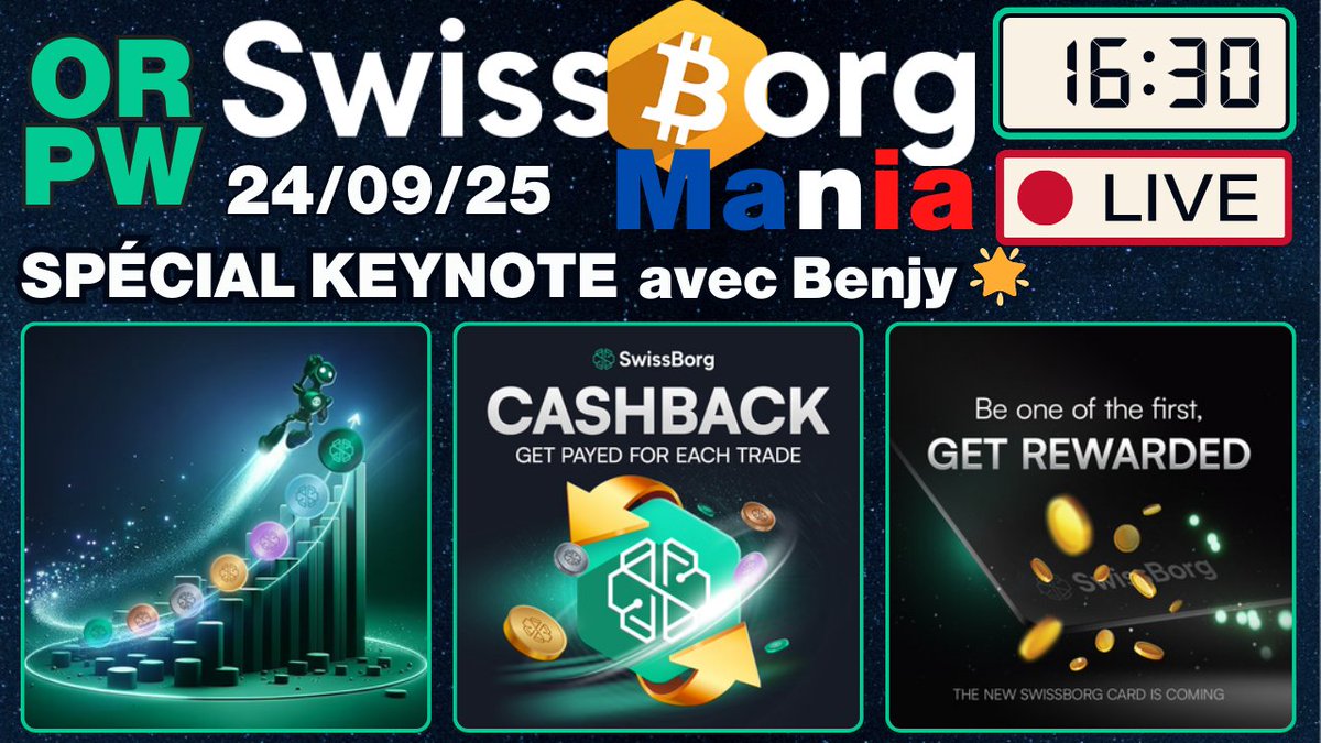 SwissBorgMania's tweet photo. Ce soir 16h30
On Refait la Keynote SwissBorg 💚 2025 
Mega Bullish 🚀 avec @wBenjy3 en Guest Star 🌟

Au programme:
- Baisse des frais 0,99%
- Arrivée des Rangs + CashBack
- Fin du plafond de verre
- Impact du Cashback (Formule Magique)
- Arrivée de la CB

https://t.co/OsUKfsMc2m https://t.co/GeXDVZibLx
