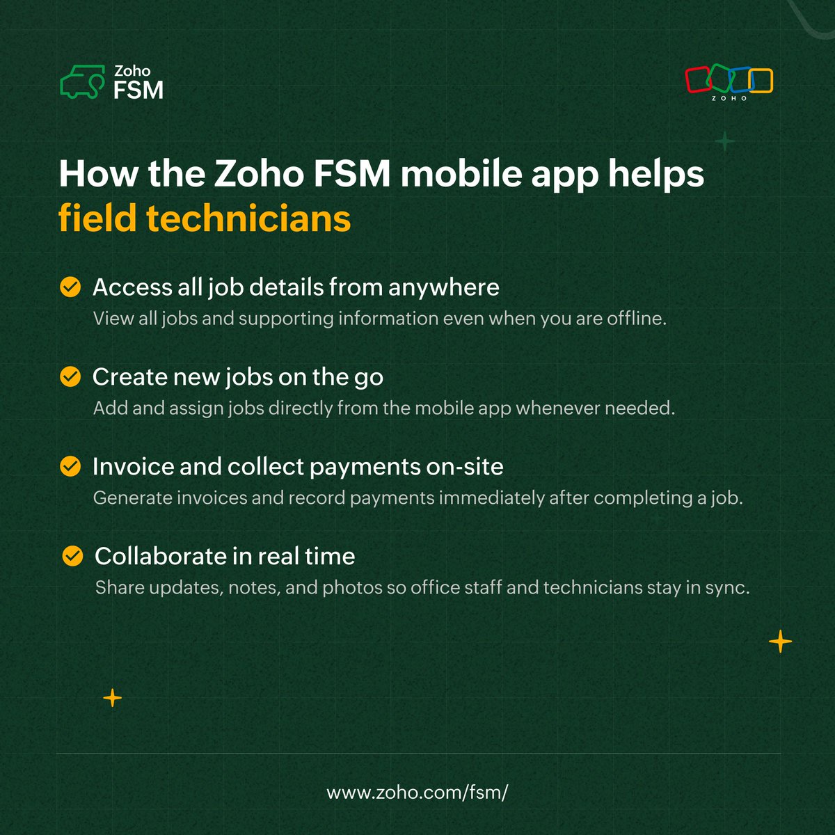 Work without limits. Use the Zoho FSM mobile app to view jobs, update records, stay on schedule, and create invoices and record payments on site.

Read the full blog here: zurl.co/0WEKx

#ZohoFSMMobileApp #Zoho #FSM
