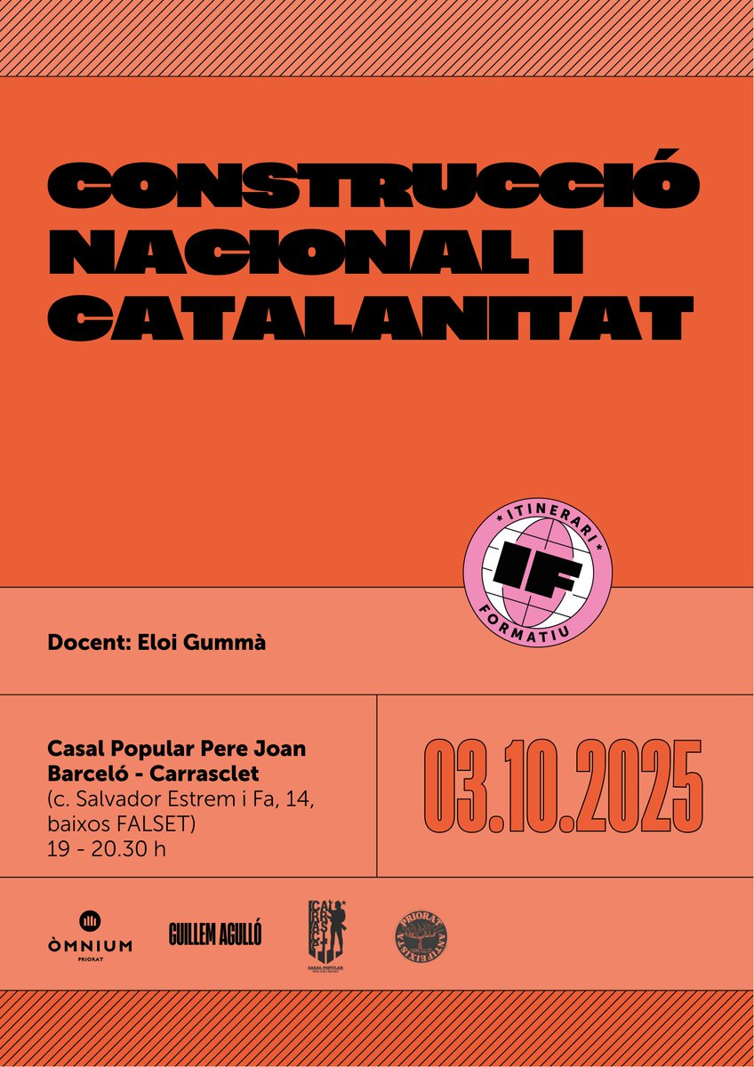 📢 L'Escola Guillem Agulló presenta:
"Construcció nacional i catalanitat" amb <a href="/EloiGumma/">Eloi Gummà</a>

🔎 Extrema dreta i xoc cultural
🌱 Alternatives per una identitat catalana inclusiva

📅 Divendres 3/10 · 19h
📍 Casal Carrasclet (Falset)

👉 Inscripcions escolaguillemagullo.cat/formacions/fal…