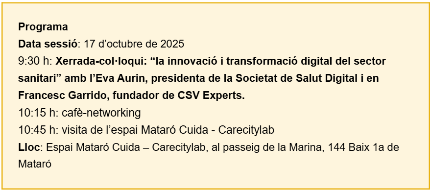 CareCityLab's tweet photo. La #SalutDigital està transformant el sistema sanitari💡
Vine el 17 d’octubre a l’#EspaiMataróCuida i descobreix-ho amb l’@eaurinp i en @v_francesc . #Innocare
📍 EspaiMataróCuida-Carecitylab, Mataró
☕ Xerrada + networking + visita
🔗Inscripció:https://t.co/nt8PwLIotR https://t.co/VvwjgpAtCI
