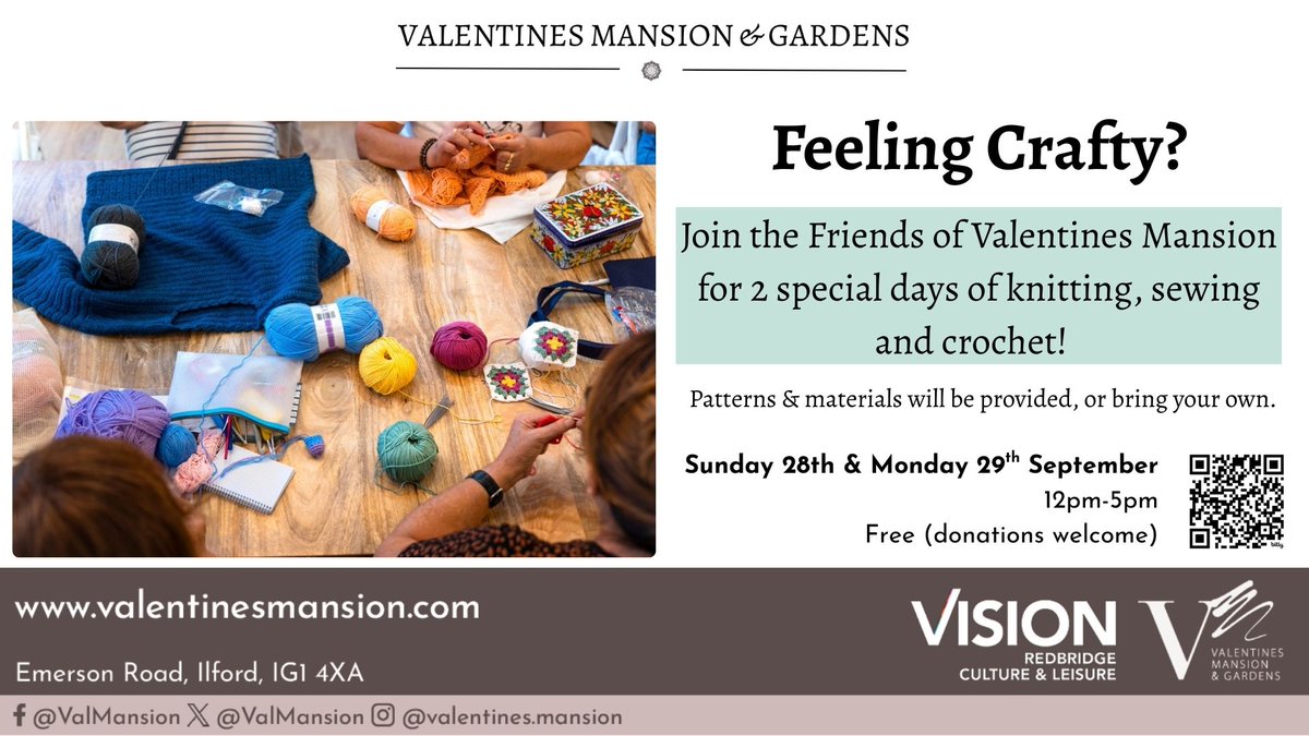 This coming Sunday and Monday at Valentines Mansion...2 days of creativity! Come along and join in with #crochet, #sewing and #knitting - a great way to meet new people while doing what you love! #eastlondon #redbridge #essex #crafts #feelingcrafty