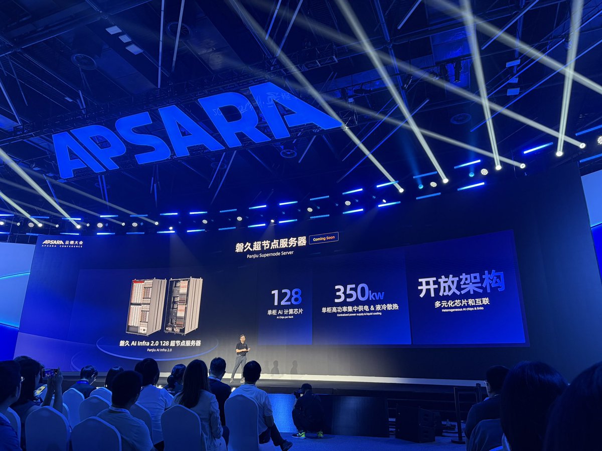 poezhao0605's tweet image. Alibaba Cloud unveils its Panjiu AI Infra 2.0 “supernode” server at APSARA conference.

- Key claims: 128 AI chips per rack. Modular design for quick hardware swaps. Full liquid cooling supports up to 2kW chips.

- The pitch: “reconstructing servers for AI” with flexible CPU-GPU…