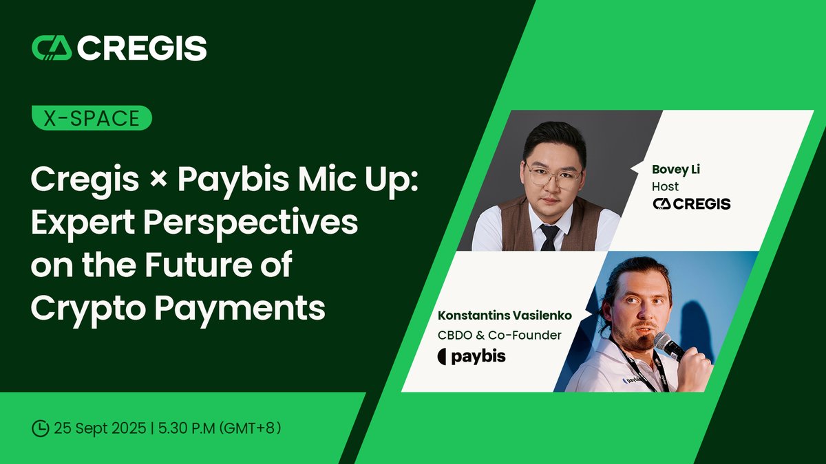 0xCregis's tweet image. 🎙️We’re going live!
Join us for a Twitter Space with @paybis  – featuring their CBDO &amp;amp; Co-Founder, Konstantins Vasilenko – as we dive into the future of digital assets and payments.

🗓 25 Sept 
⏰ 5:30 PM GMT+8

Don’t miss it – set your reminder now!
🔗 x.com/i/spaces/1BdGY…