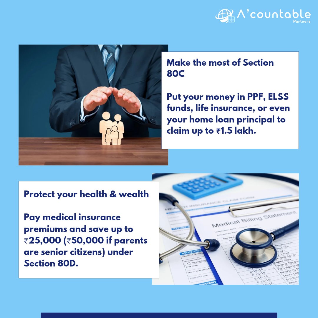acountablep's tweet photo. Smart tax planning isn’t just about saving money - it’s about securing your future. From 80C to 80G, make every deduction count and let your money work smarter for you. 
#acountablepartner #tax #taxseason #savingmoney #saving #future #taxtips #money #securing #secure #explorepage https://t.co/em3B1sRjrM