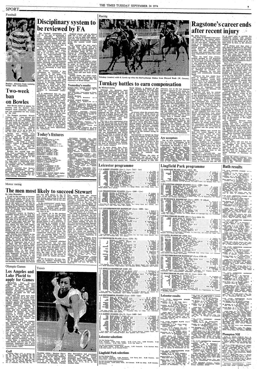 24th September 1974:

FOOTBALL
Stan Bowles AWOL Again
Disciplinary System Streamline
Don Revie England Get Together