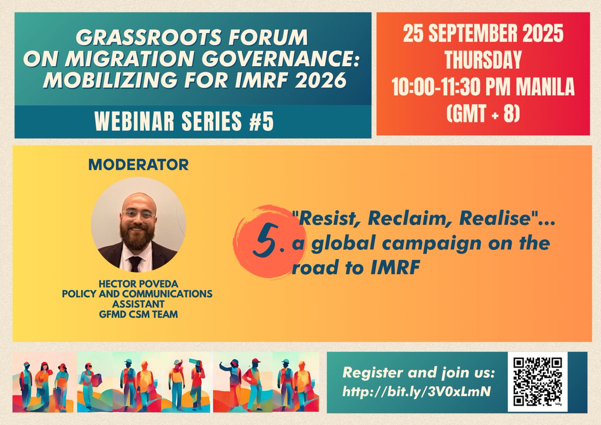 The 5⃣th GFMG webinar is here! 

This session is dedicated to mobilising #civilsociety in the lead-up to the 2026 #IMRF through the 3Rs global campaign 'Resist, Reclaim, Realise' 

🗓️ 25 Sept from 4pm CEST
✍ bit.ly/4gE0840

Hope to see you there!