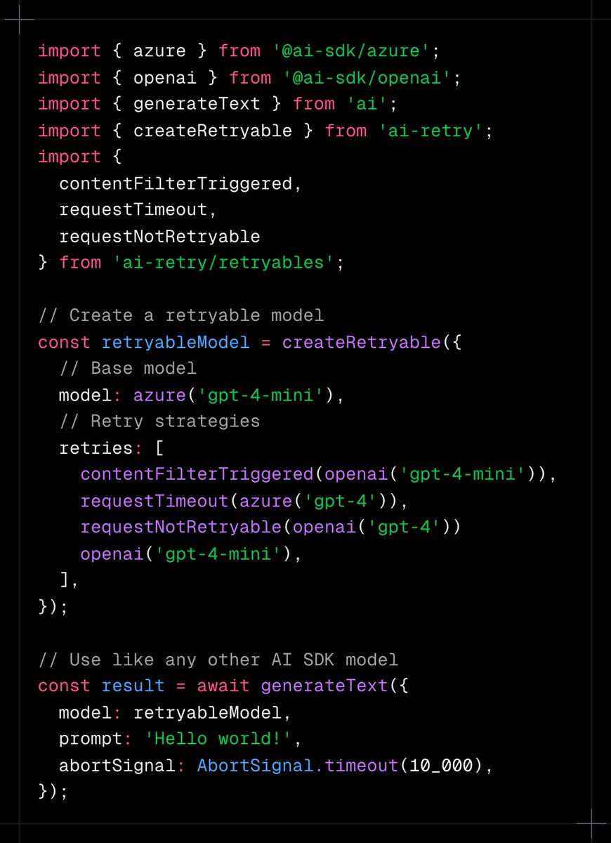 zirkelc_'s tweet image. Introducing `ai-retry`: retry and fallback mechanisms for the @aisdk

This library wraps your AI SDK model with a set of retry strategies to handle failures with the appropriate fallback model

The main building block is the `retryable`: a simple conditional function that…