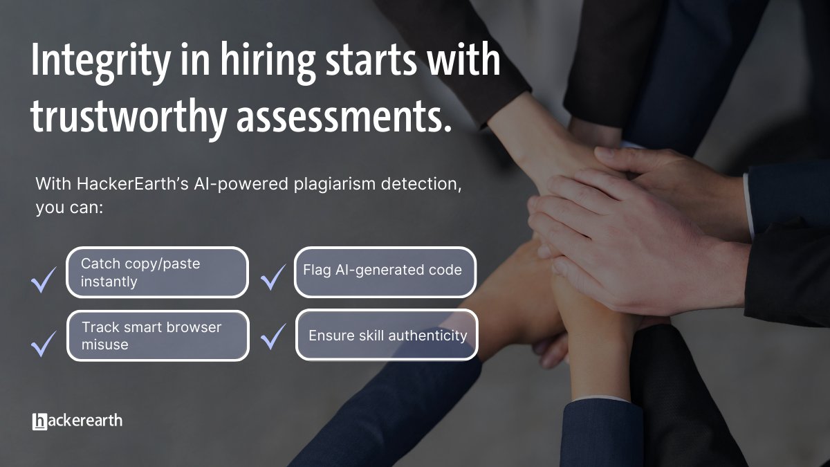 HackerEarth's tweet image. Proctoring ≠ enough.
Plagiarism ≠ invisible.
⚡ HackerEarth’s AI-powered detection flags:
• Copy/paste
• AI-generated code
• Smart browser misuse
#DeveloperTools #PlagiarismDetection #TechHiring #HackerEarth